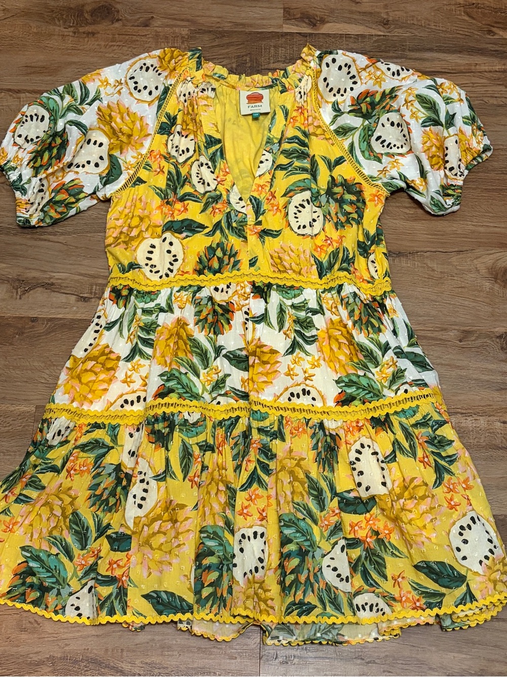 Farm Rio Sunny Tropical Print Mini Dress - Yellow XS